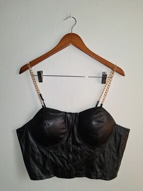 Women’s Black Faux Leather Bustier Crop Top with Gold Chain Straps